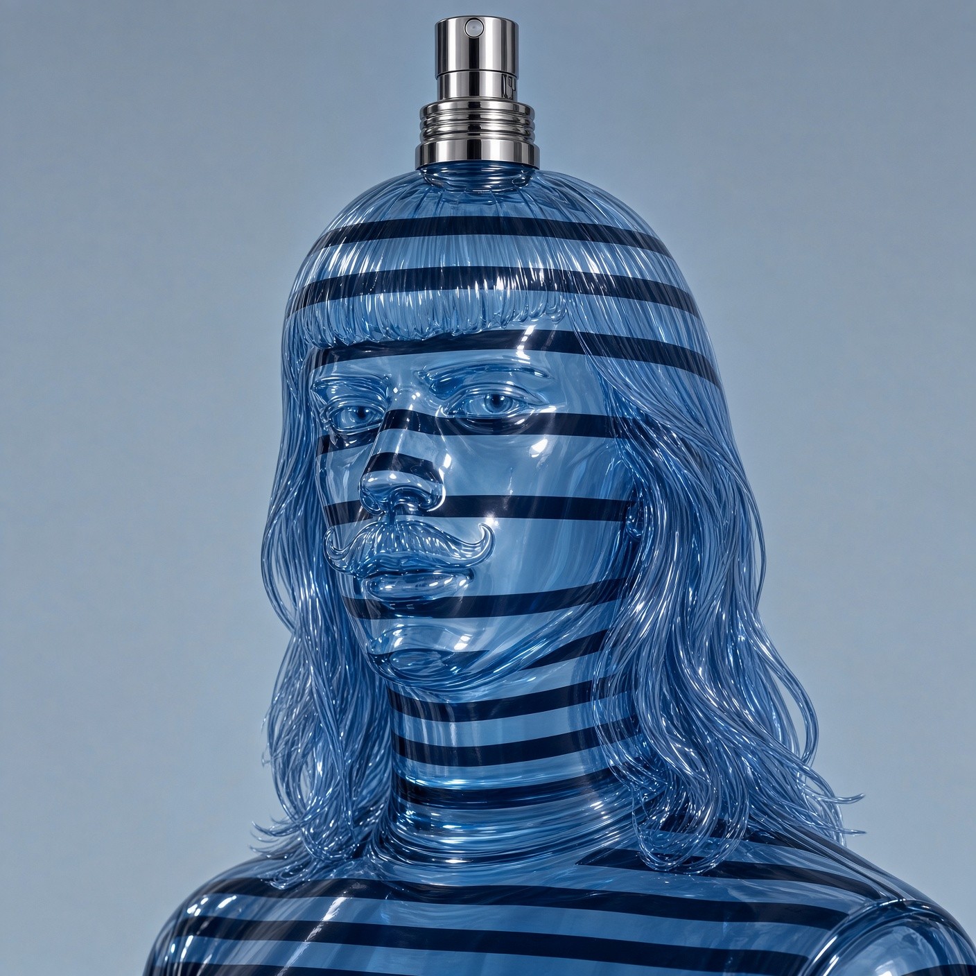 A blue glass perfume bottle shaped like a long-haired man with a moustache and navy sailor stripes, with a spray nozzle on his head